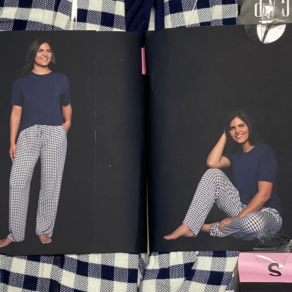 Gap Ladies Sleep Set Navy Blue Gingham Pajama Set Short Sleeve Top Pants S NT‎